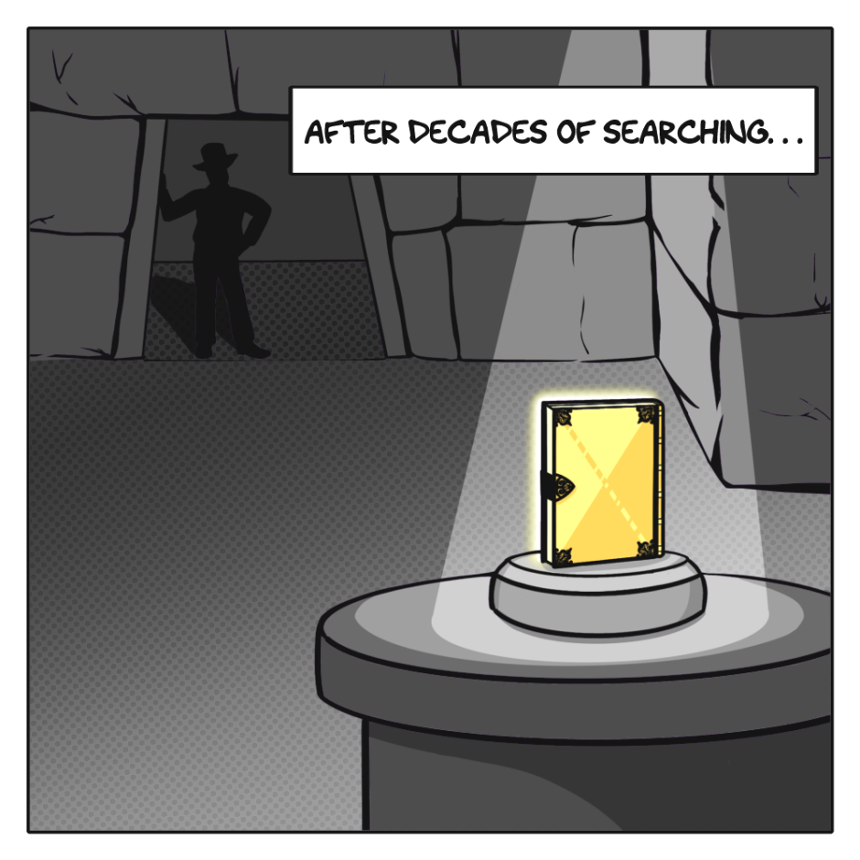 The first panel, in shades of grey, shows the interior of a temple, with a golden book sitting on a plinth in a beam of light. A shadow is silhouetted in the doorway beyond. The caption reads, "After decades of searching..."