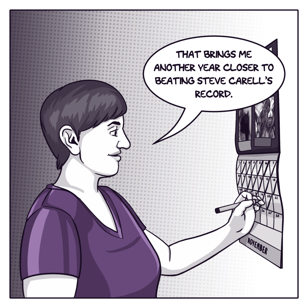 The first panel, in shades of grey and purple, shows the artist, a young woman with short hair wearing a purple t-shirt, marking something off on a wall calendar. She says aloud, "That brings me another year closer to beating Steve Carell's record."