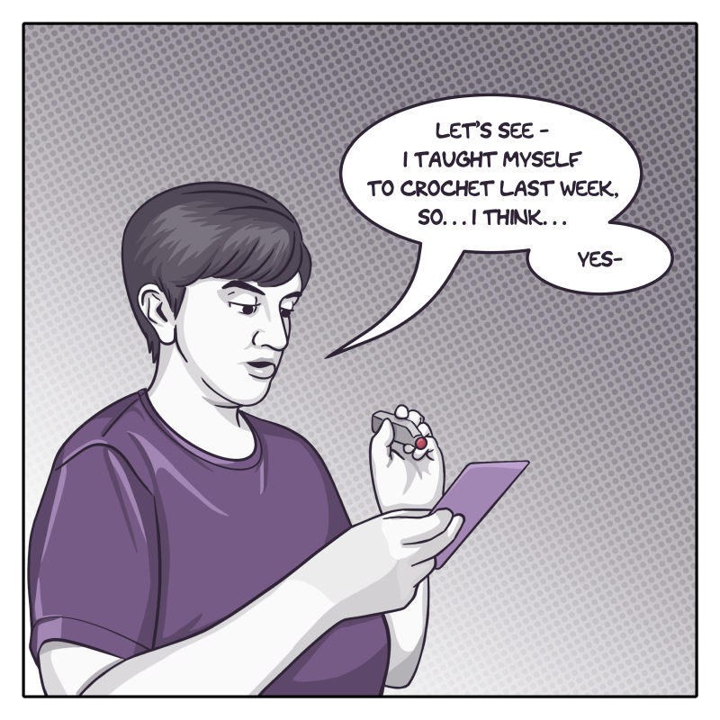 The first panel, in shades of grey and purple, shows the artist, a young woman with short hair wearing a purple t-shirt, holding a card and a stamp in her left hand. She says, "Let's see - I taught myself to crochet last week, so...I think...yes-"