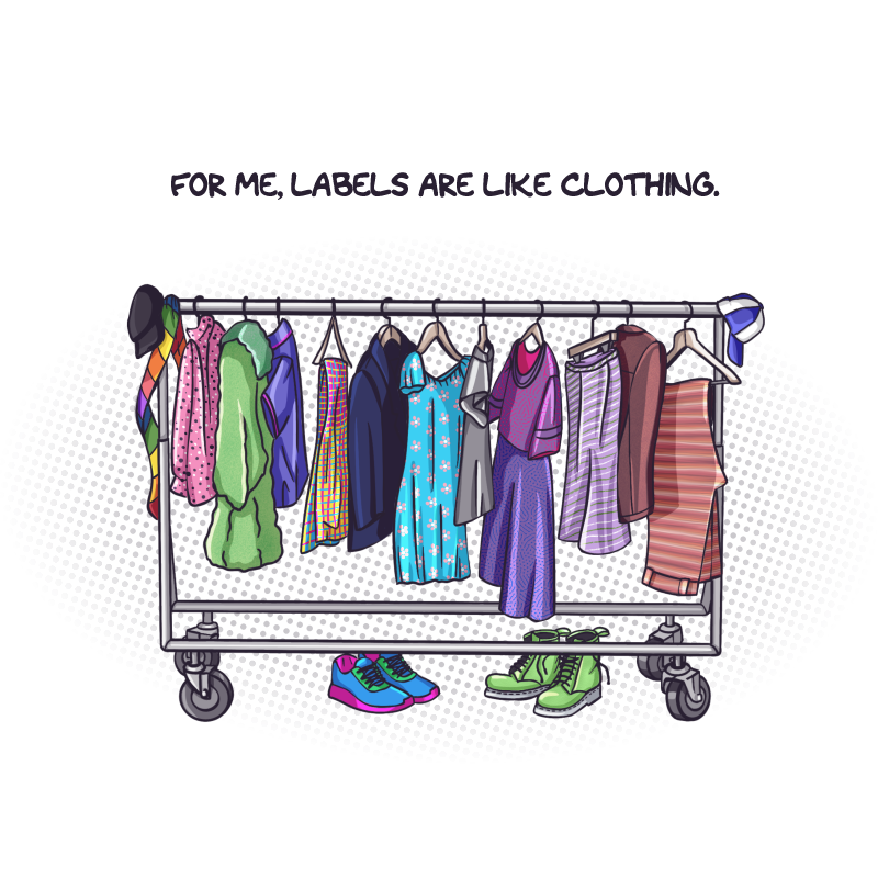 The first panel shows a rack of assorted clothing. They've been colored with the shades of various pride flags. The caption says, "For me, labels are like clothing."