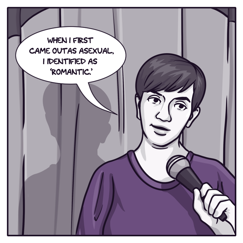 In the first panel, in shades of grey, the artist - a young woman with short hair wearing a purple shirt - holds a microphone and appears to be standing in a spotlight in front of a curtain. She says, "When I first came out as asexual, I identified as 'romantic.'"