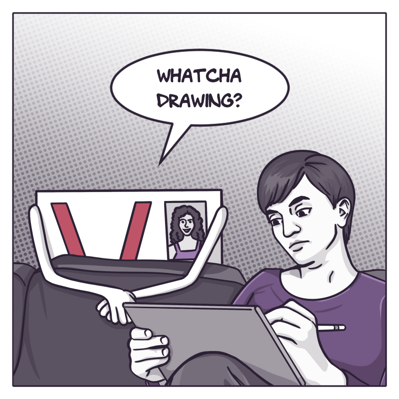 Comic panel in shades of grey and purple, showing a young woman with short hair and a purple shirt sitting on the sofa, drawing on a tablet. Leaning over the back of the sofa is the anthropomorphic representation of her virginity, a rectangle with arms, legs, and a large red V down the front, as well as her learner's permit photo in the upper right corner. The v-card asks, "Whatcha drawing?"