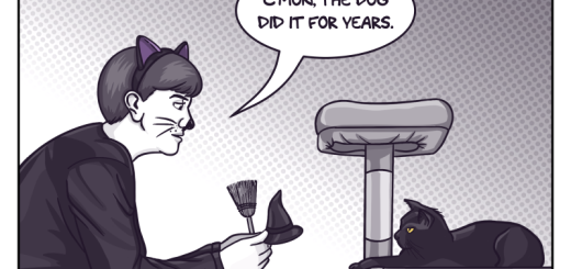 The second and final panel shows the artist, wearing black with cat ears and painted on whiskers, holding up a tiny witch's hat and broom to an unimpressed black cat lounging on a cat tree. She says, "Come on, the dog did it for years." Above the image is a checked list item: I have to do couples' costumes with my pets.