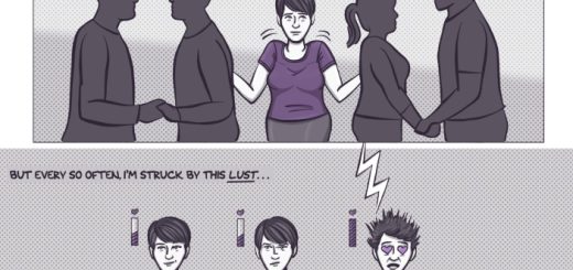 A multi-panel comic in a single issue, colored in shades of grey with accents of purple. The first panel has a long rectangular frame and shows the artist - a young woman with short hair wearing a purple t-shirt - standing between the silhouettes of two couples, shrugging her shoulders. The narration says, "Most days I don't mind being alone. Though it can get lonely." In the second panel, three versions of the artist are shown from the torso up, with small meters near their heads like in a video game. Instead of measuring health, the bars have a heart at the top. The narration continues, "But every so often I'm struck by this lust...for romance." The first version of the artist is just smiling politely, and the meter is half-full. The second version also has a half-full meter, but she suddenly looks suspicious. The third version is struck by a lightning bolt, causing her hair to stand on end, the meter to max out, and purple hearts to replace her eyes.