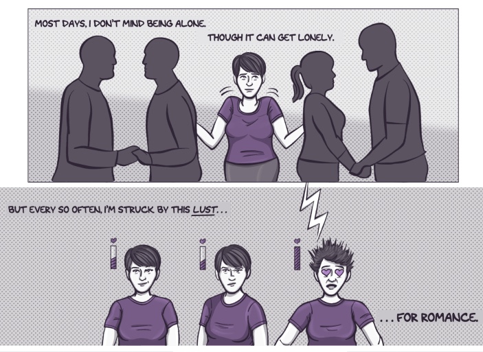 A multi-panel comic in a single issue, colored in shades of grey with accents of purple. The first panel has a long rectangular frame and shows the artist - a young woman with short hair wearing a purple t-shirt - standing between the silhouettes of two couples, shrugging her shoulders. The narration says, "Most days I don't mind being alone. Though it can get lonely." In the second panel, three versions of the artist are shown from the torso up, with small meters near their heads like in a video game. Instead of measuring health, the bars have a heart at the top. The narration continues, "But every so often I'm struck by this lust...for romance." The first version of the artist is just smiling politely, and the meter is half-full. The second version also has a half-full meter, but she suddenly looks suspicious. The third version is struck by a lightning bolt, causing her hair to stand on end, the meter to max out, and purple hearts to replace her eyes.